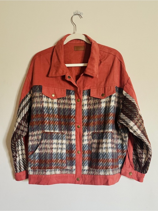 Umgee Jackets & Blazers - Umgee Plaid Mixed-Media Shacket in Rust